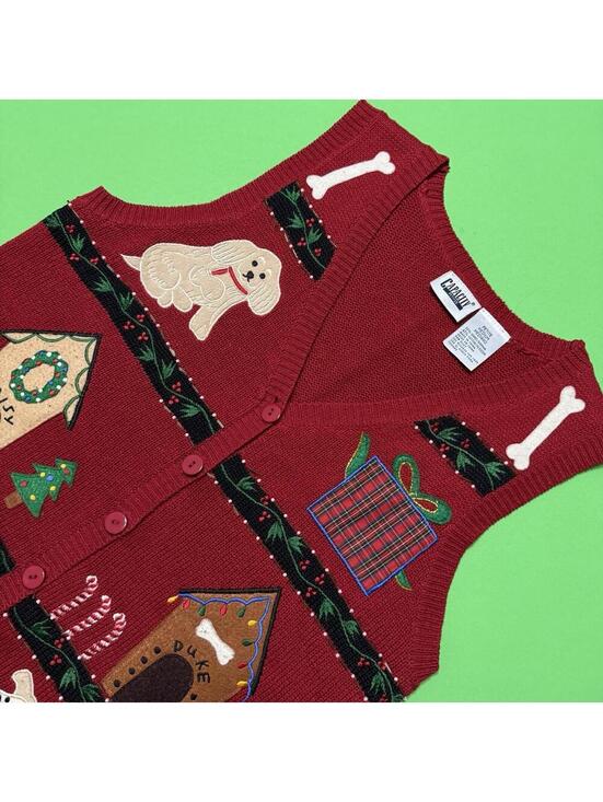 Capacity Sweaters - Capacity Vintage Red Knitted Christmas Sweater Vest Women Petite M Holiday Dogs
